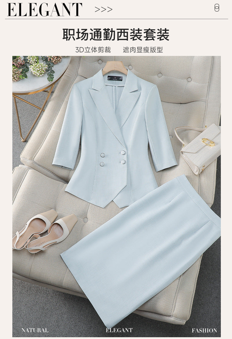 Cross-Border Professional Attire Pink Three-Quarter Sleeve Suit Skirt Women's Spring and Summer New Beauty Salon Work Clothes Over-The-Knee Skirt