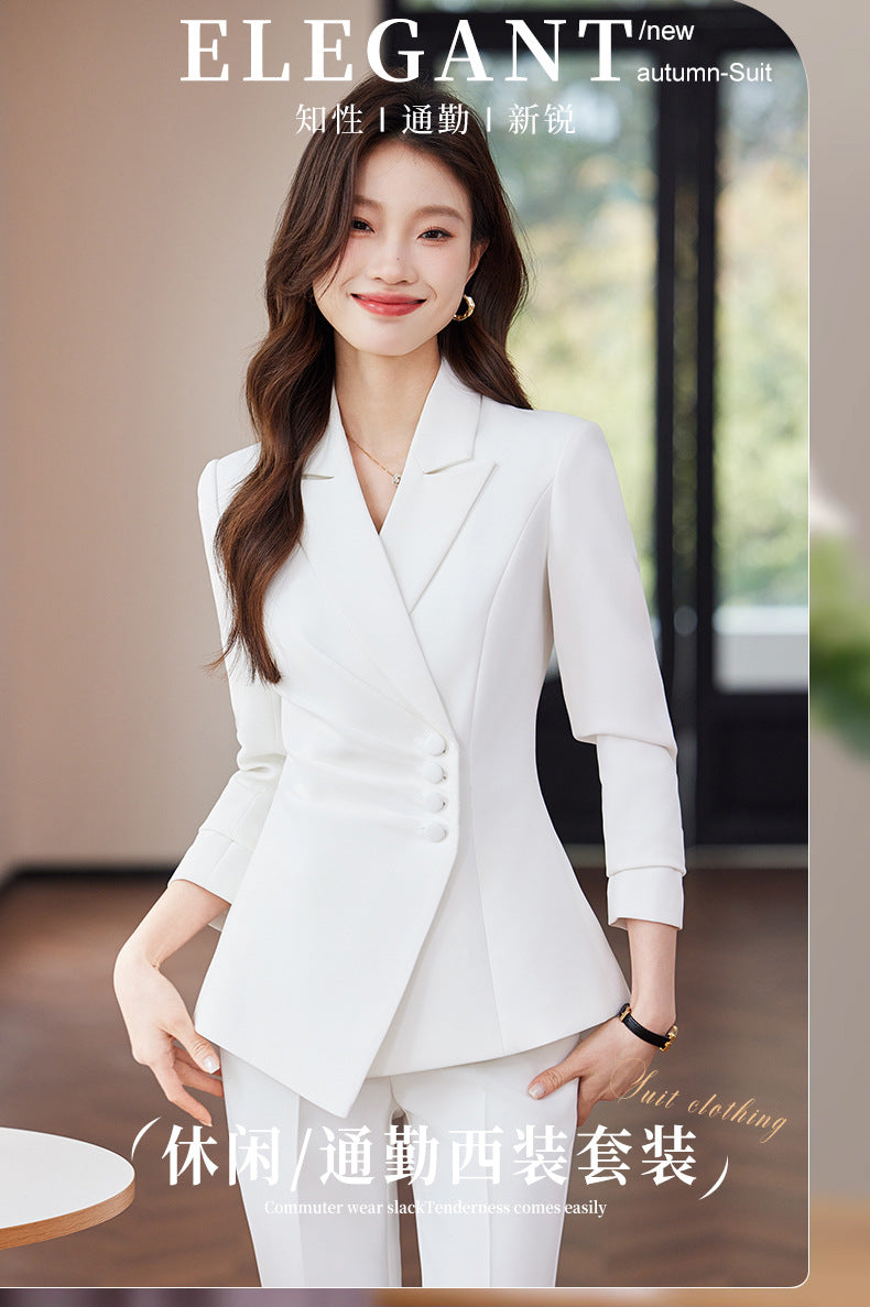 2025 Spring European and American Foreign Trade Green Slim Fit Small Suit Set Front Desk White Collar Workwear Wide-Leg Pants Suit Set