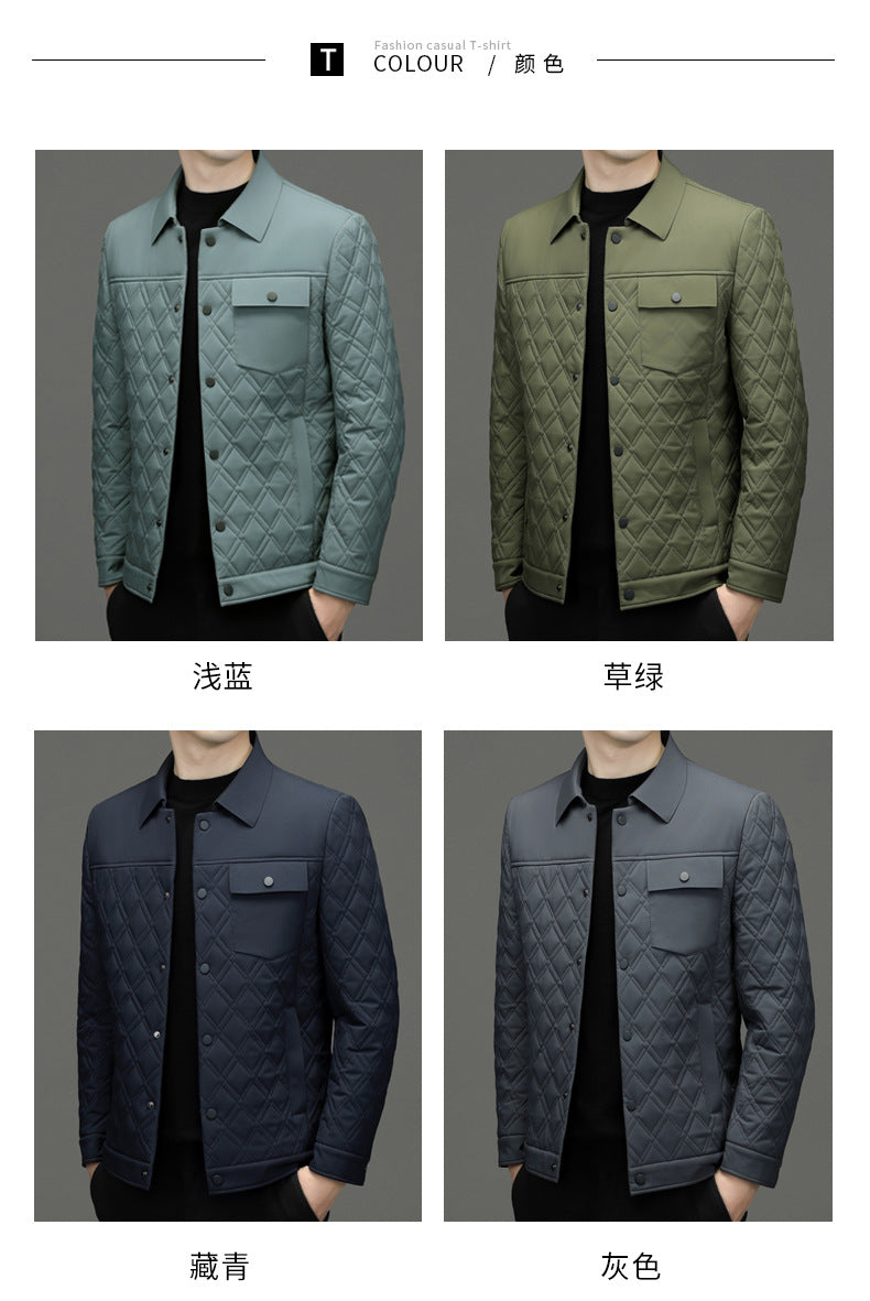 High-end men's mulberry silk cotton-padded coat business casual plaid middle-aged lightweight cotton-padded jacket autumn and winter men's lapel cotton-padded coat