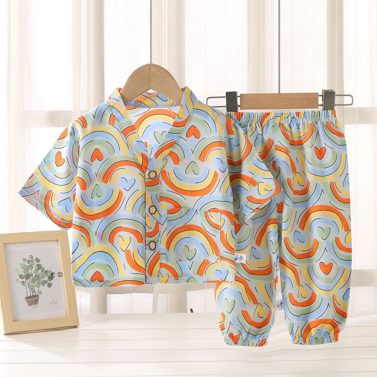 Children's Home Clothes Cotton Silk Suit Summer Boys and Girls Pajamas Artificial Cotton Two-Piece Set Cotton Silk Air-Conditioned Clothes Kidsren's Clothing