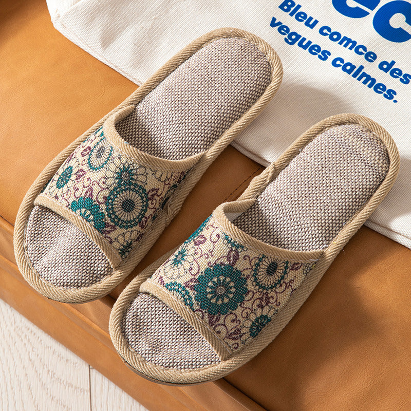Open Toe Opening Four Seasons Linen Wheel Retro Flower Flower Four Seasons Linen Slippers