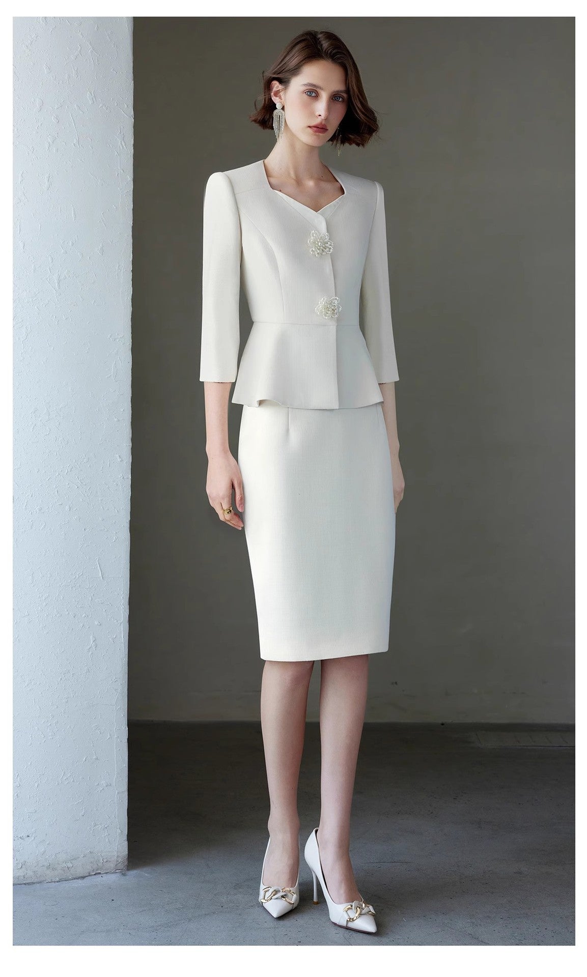 Ad Spring/Summer 2026 New Women's Suit Set, Elegant White Three-Quarter Sleeve Business Attire, Chanel-Style Two-Piece Set