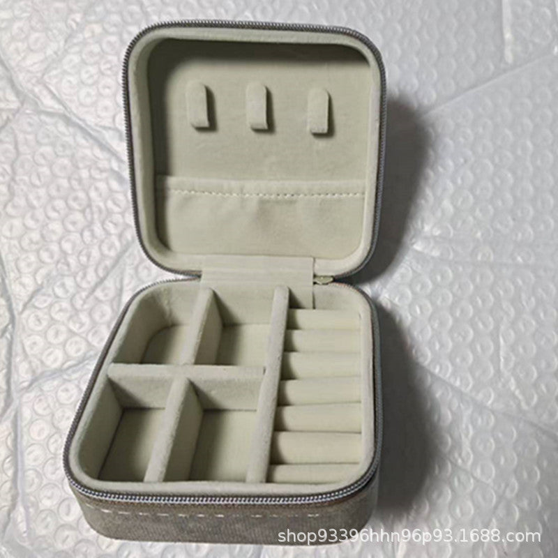 Portable Double-Layer Zipper Velvet Jewelry Storage Box Flip Earrings Earrings Ring Storage Jewelry Box