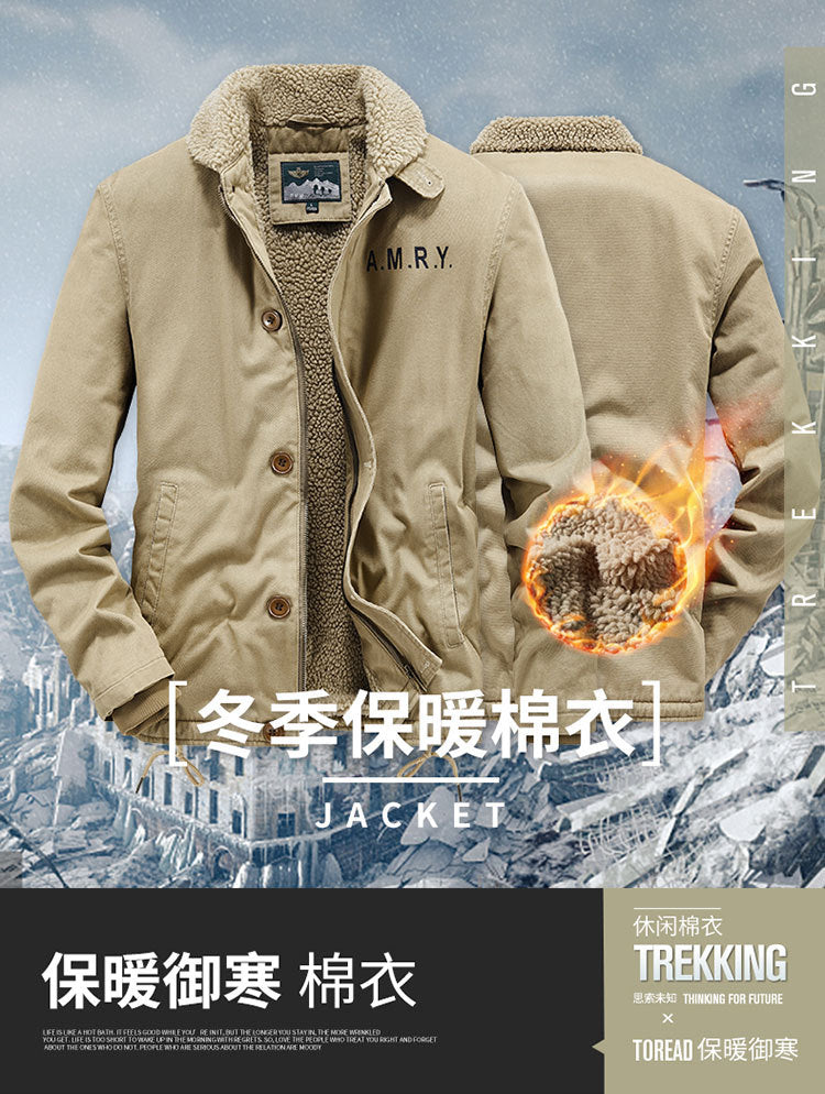 Winter fleece-lined Thickened Cotton-padded Clothes Men's Warm Crock Jacket Youth Wool Collar Retro Casual Cotton-padded Jacket Men's 2188
