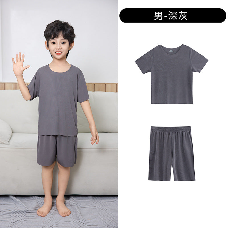 Summer New Style Boys' Short-Sleeved Loose Seamless Ice Silk Home Clothes Children's Two-Piece Set Girls' Pajamas Set Wholesale