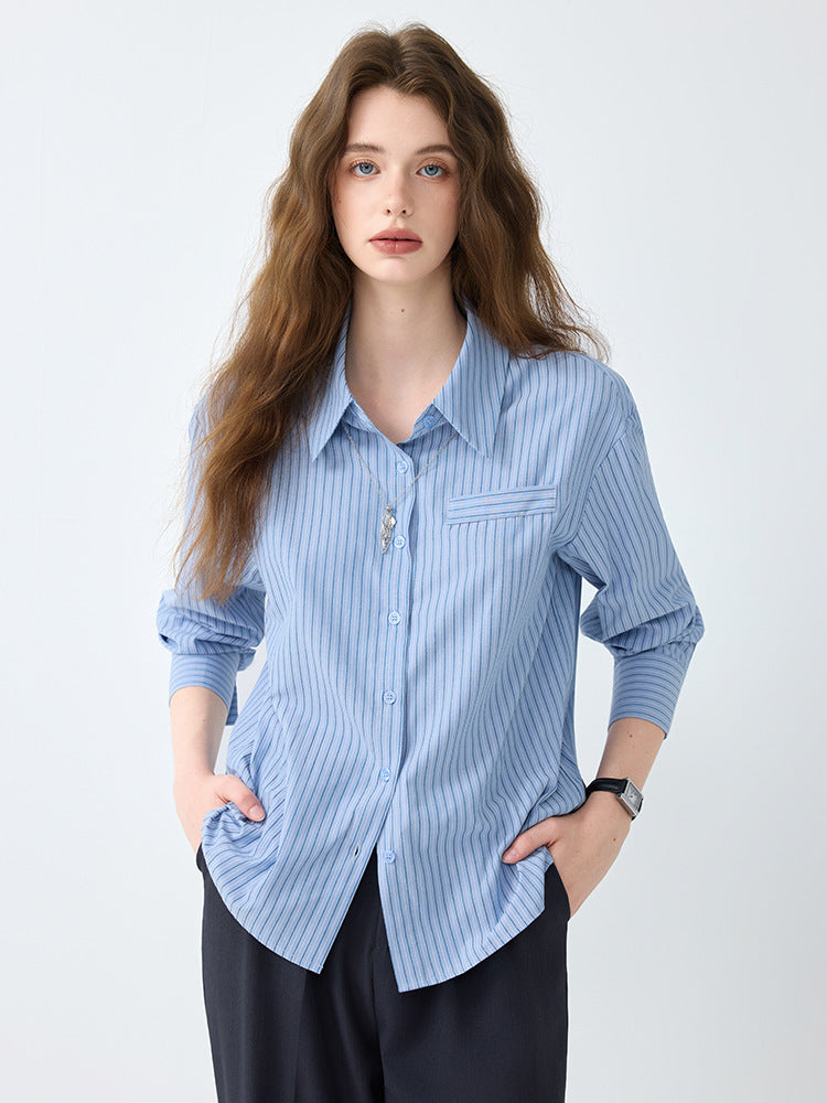 Light Workplace Blue Striped Long-Sleeved Shirt for Women, Spring and Autumn Design Professional Shirt, Commuting Versatile Top