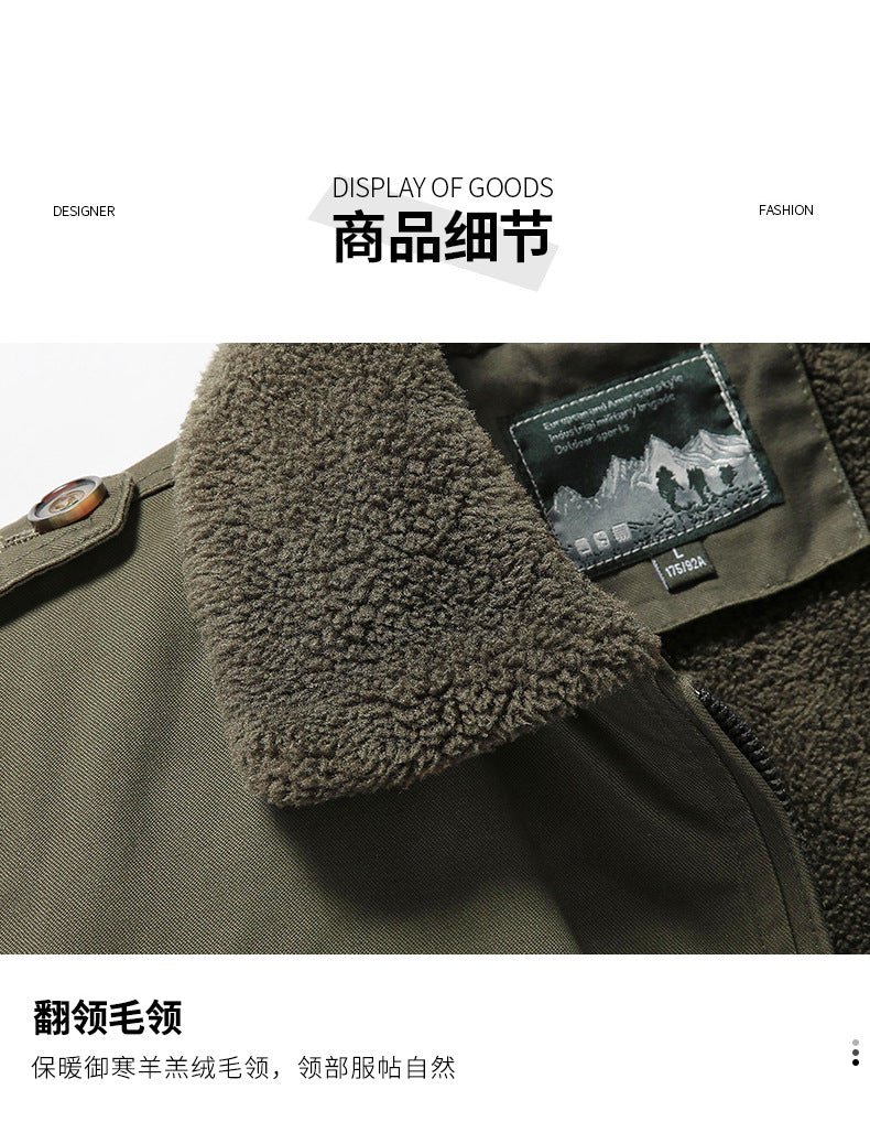 New Lamb Wool Jacket Men's Winter Thickened Wool Collar fleece-lined Overalls Cotton-padded Jacket Men's Jacket Casual Cotton-padded Jacket Aviator
