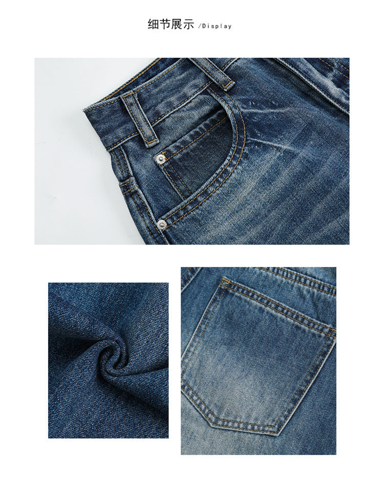 Raccoon House # High-Waisted Loose Whiskered Floral Heavy Craft Jeans for Women 2025 Autumn New Drape Slimming Floor-Length Pants