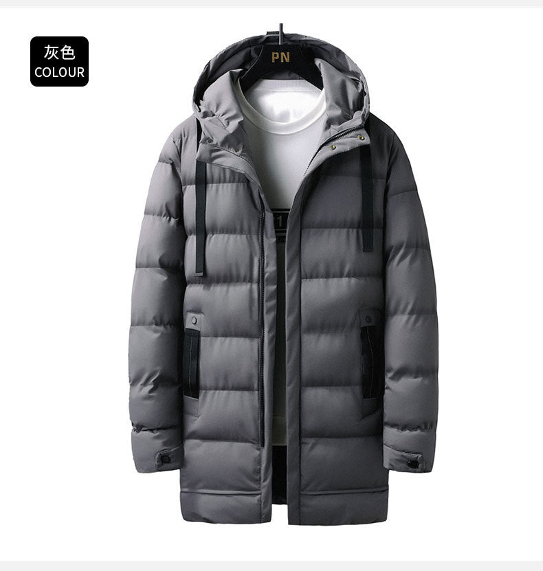Mid-Length Hooded Cotton Coat for Young Men, Casual Warm Cotton Jacket, Thickened Puffer Jacket for Trendy Men, Winter Cotton Coat, Cross-Border