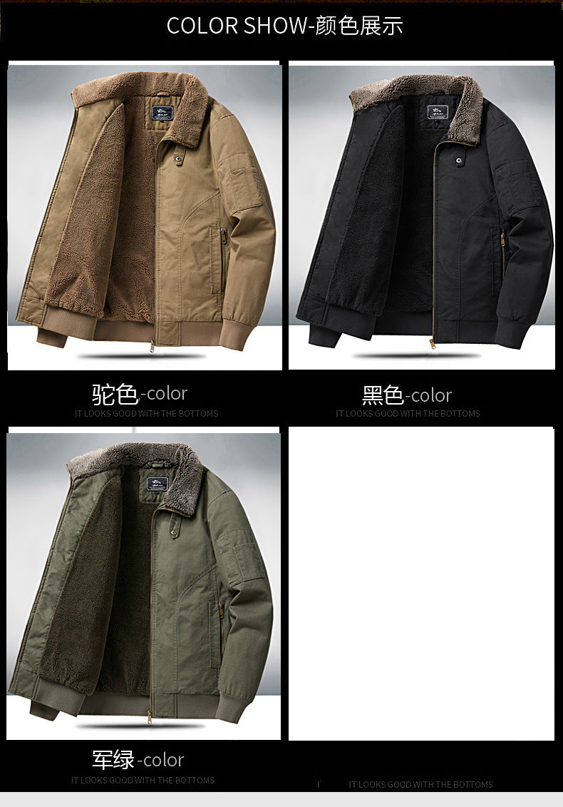 2024 Autumn/Winter New Cross-Border Men's Fleece-Lined Cotton Jacket with Stand Collar, Neck Protection, Cold-Proof, Washable Cotton Coat, Pure Cotton Outerwear