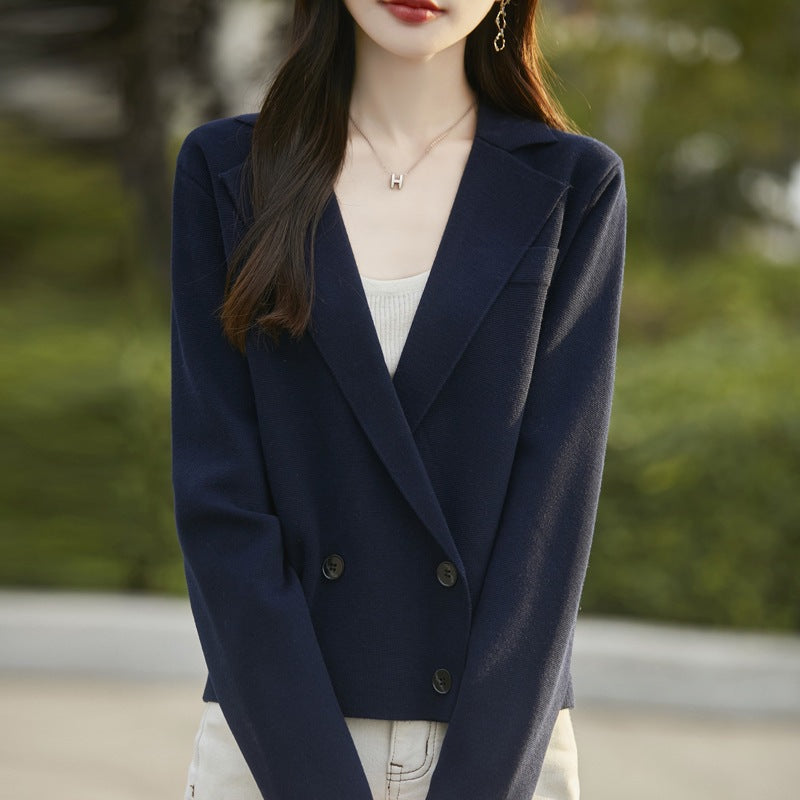 Spring and Autumn Suit Collar Worsted Wool Cardigan Women's Casual Tops Autumn and Winter Cashmere Sweater Top New Style