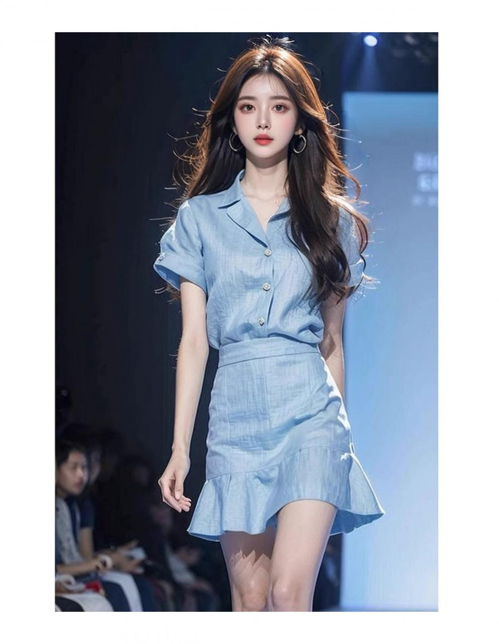 Foreign trade women's clothing age-reducing foreign-style fashion this year popular beautiful small fragrant style professional blue top skirt two pieces