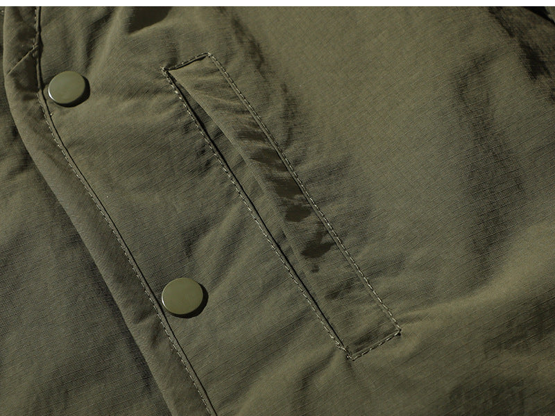 Japanese Retro Collarless Quilted Jacket Men's Windproof Workwear Layered V-Neck Snap Cotton Coat Men