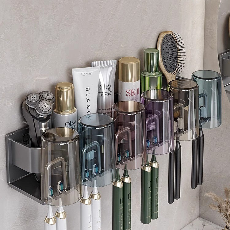 Toothbrush Storage Rack Non-Punch Brush Cup Mouthwash Cup Rack Wall-Mounted Bathroom Household Toothware Hanger