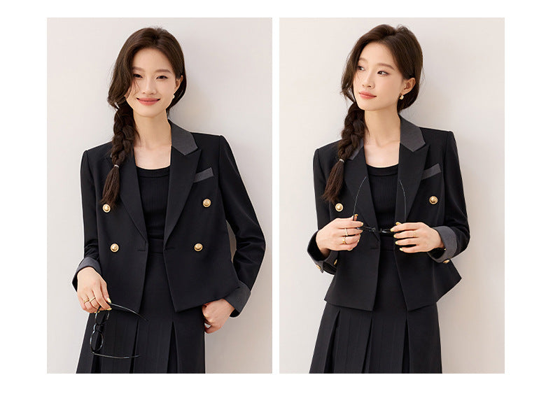 Cross-Border Black Short Blazer for Women, Petite Size, Suitable for College Students, Teacher Qualification Interview, Formal Attire, Elegant Suit with Skirt