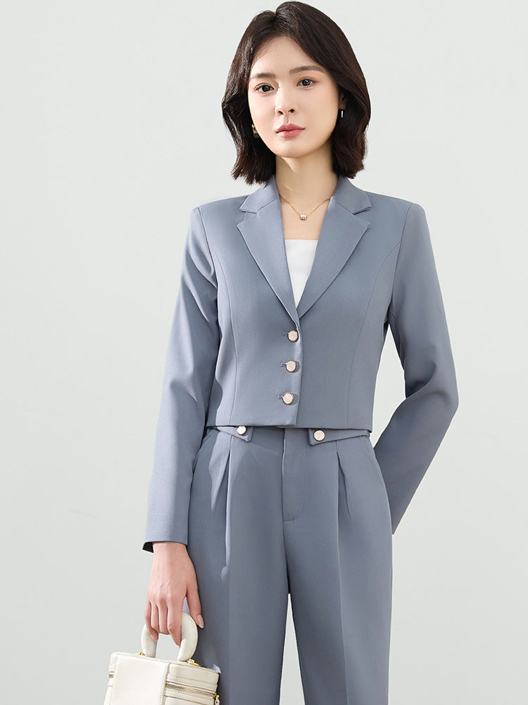 Cross-Border Gray Suit Set for Women, Spring and Autumn Short Style Professional Formal Wear, Hotel Front Desk Long-Sleeve Workwear Blazer
