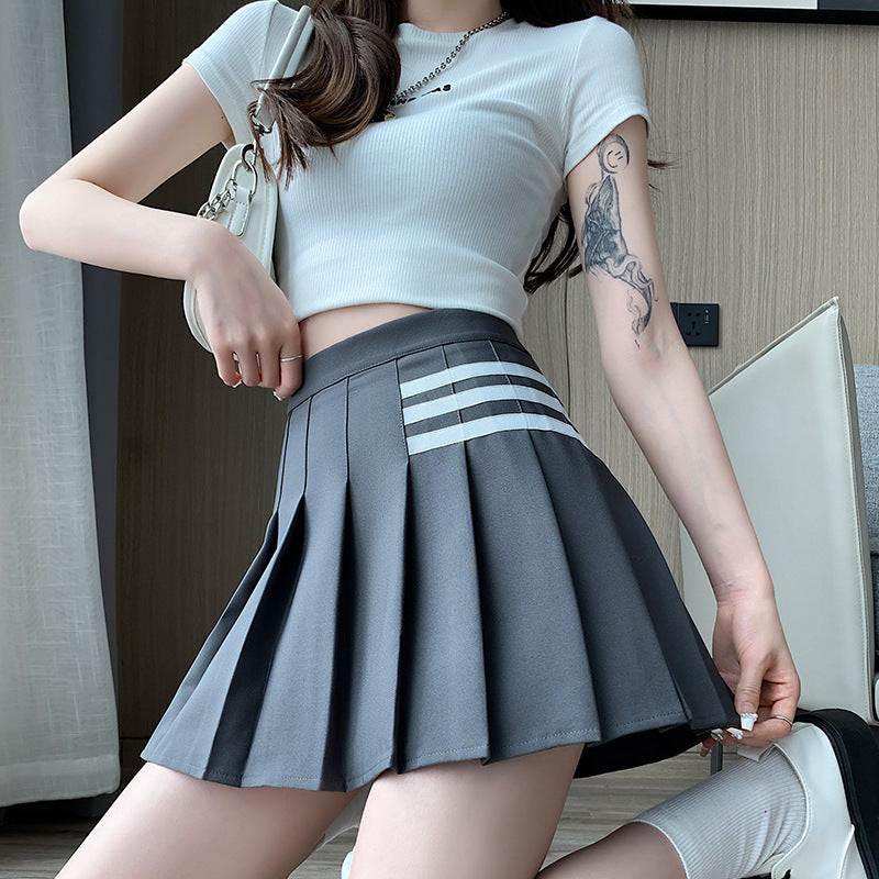 Black Pleated Skirt Summer Women's A- line High Waist New Pleated Skirt Striped Small College Style jk Skirt