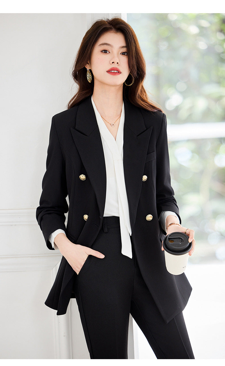 Double-Breasted Suit Set for Women, Autumn and Winter New Style, Korean Fashion, Casual, Professional Attire, Slim Fit, White-Collar Business Long-Sleeve Suit
