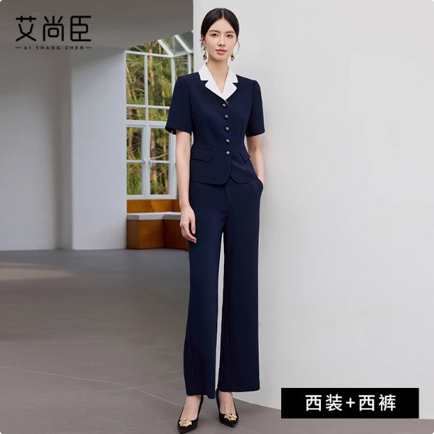 Summer New Navy Blue Short-Sleeved Professional Suit Suit Color-Blocked Suit Collar Single-Breasted Slim Slim Work Clothes