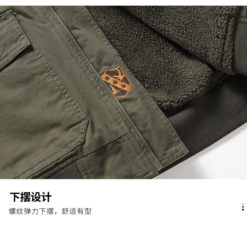 New Lamb Wool Jacket Men's Winter Thickened Wool Collar fleece-lined Overalls Cotton-padded Jacket Men's Jacket Casual Cotton-padded Jacket Aviator