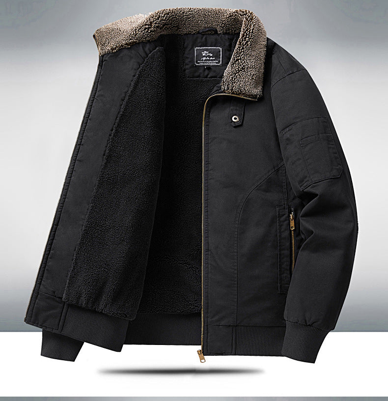 2024 Autumn/Winter New Cross-Border Men's Fleece-Lined Cotton Jacket with Stand Collar, Neck Protection, Cold-Proof, Washable Cotton Coat, Pure Cotton Outerwear