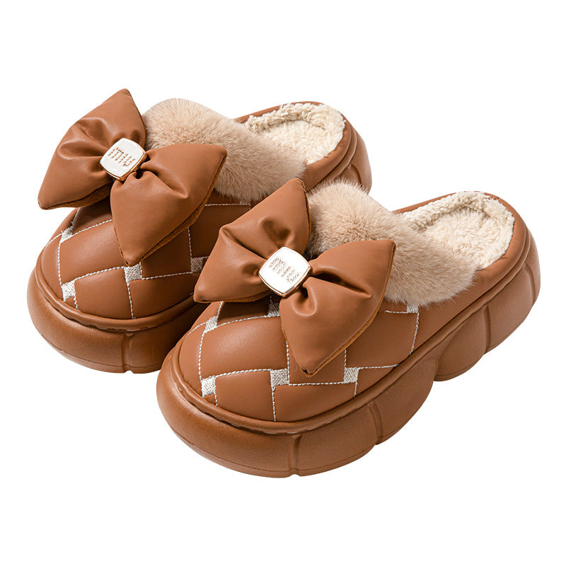 High Heeled Cotton Slippers Women's Thick Bottom Indoor Household Fashionable Bow PU Waterproof Slippers Winter Thickened Warm