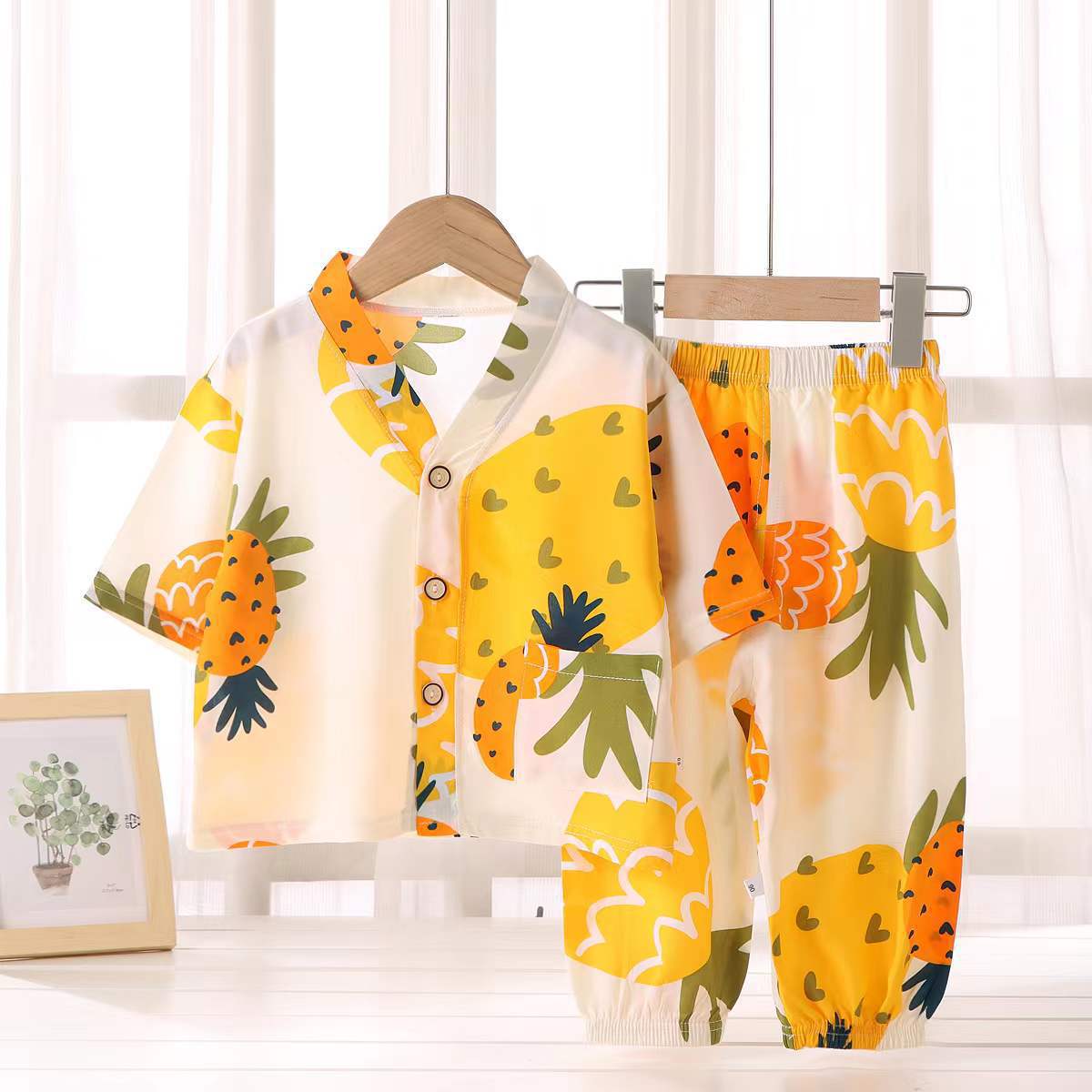 Children's Home Clothes Cotton Silk Suit Summer Boys and Girls Pajamas Artificial Cotton Two-Piece Set Cotton Silk Air-Conditioned Clothes Kidsren's Clothing