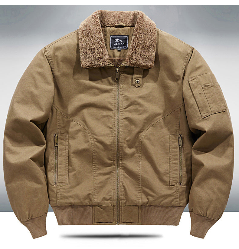 2024 Autumn/Winter New Cross-Border Men's Fleece-Lined Cotton Jacket with Stand Collar, Neck Protection, Cold-Proof, Washable Cotton Coat, Pure Cotton Outerwear