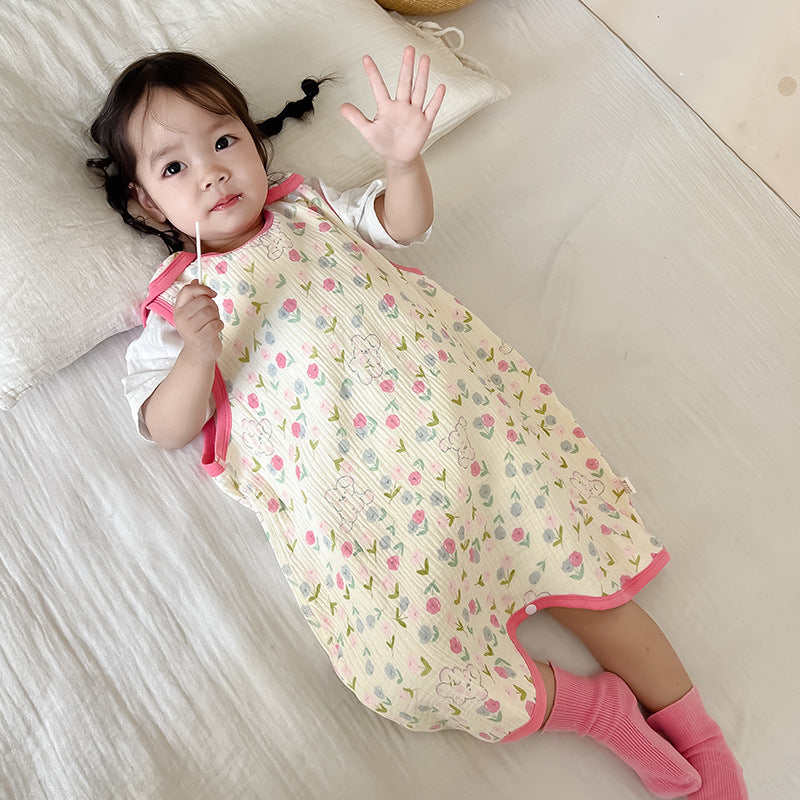 Baby Vest Sleeping Bag Summer Thin Gauze Pure Cotton Baby Kick-proof Sleeveless Children's Pajamas Air-conditioned Room Anti-cold