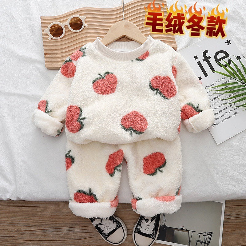 Free Shipping Yukids Kidsren's Autumn and Winter Home Clothes Set for Men and Women Baby Flannel Fruit Warm Two-Piece Set