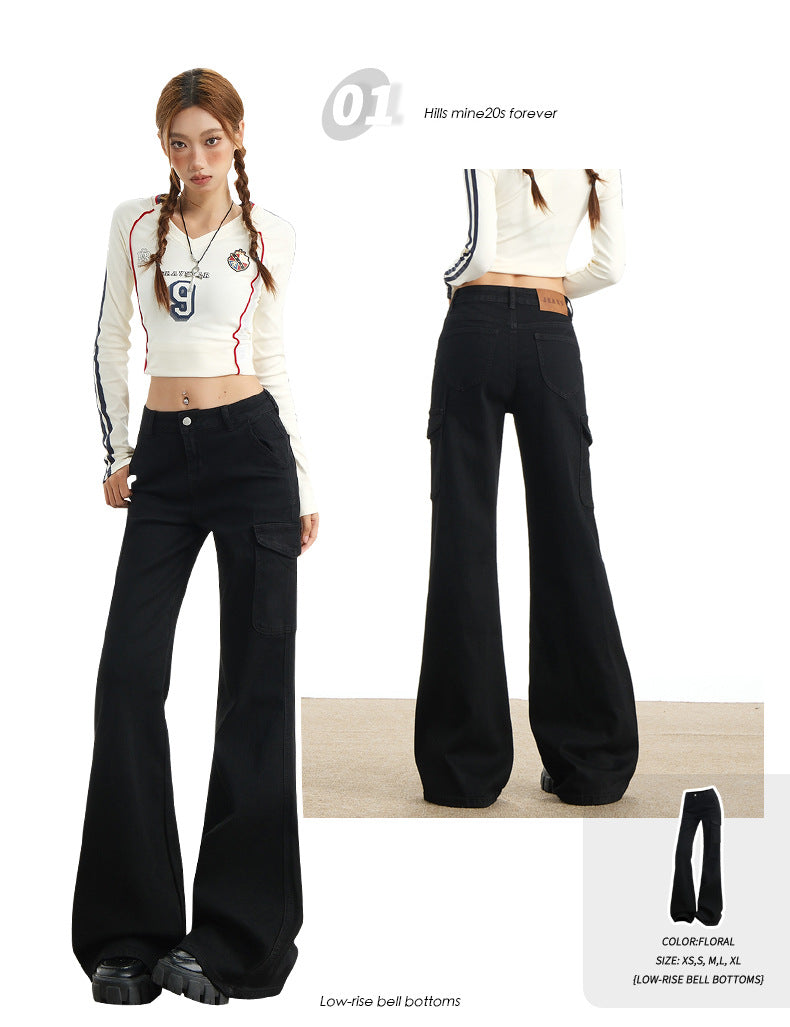 Eye-Catching Autumn and Winter Black Workwear Mid-Waist Elastic European and American Slightly Flared Wide-Leg Floor-Length Casual Jeans for Women