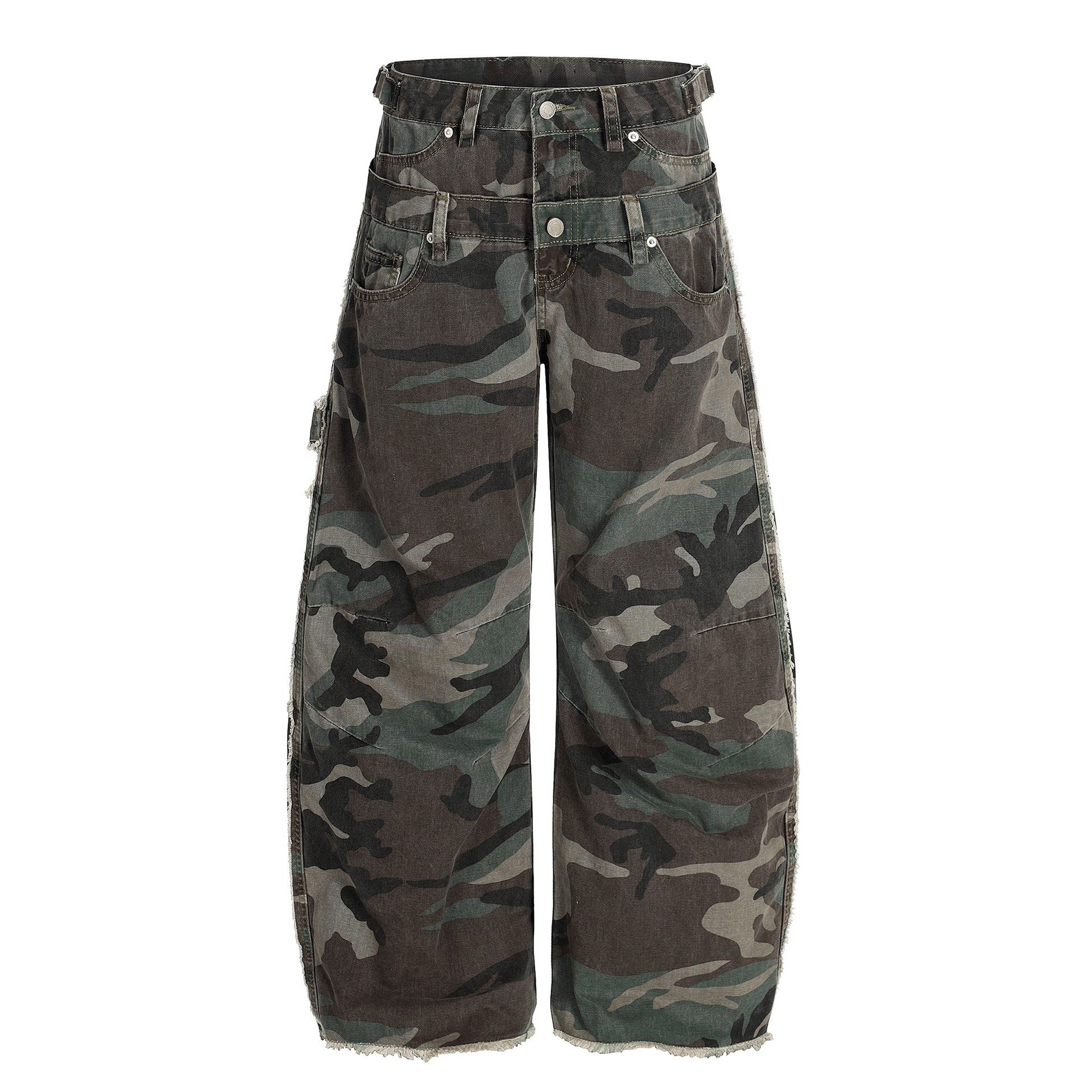 American Retro Design Double Waistband Camouflage Cargo Pants for Men and Women New Deconstructed Loose Wide-Leg Scimitar Jeans