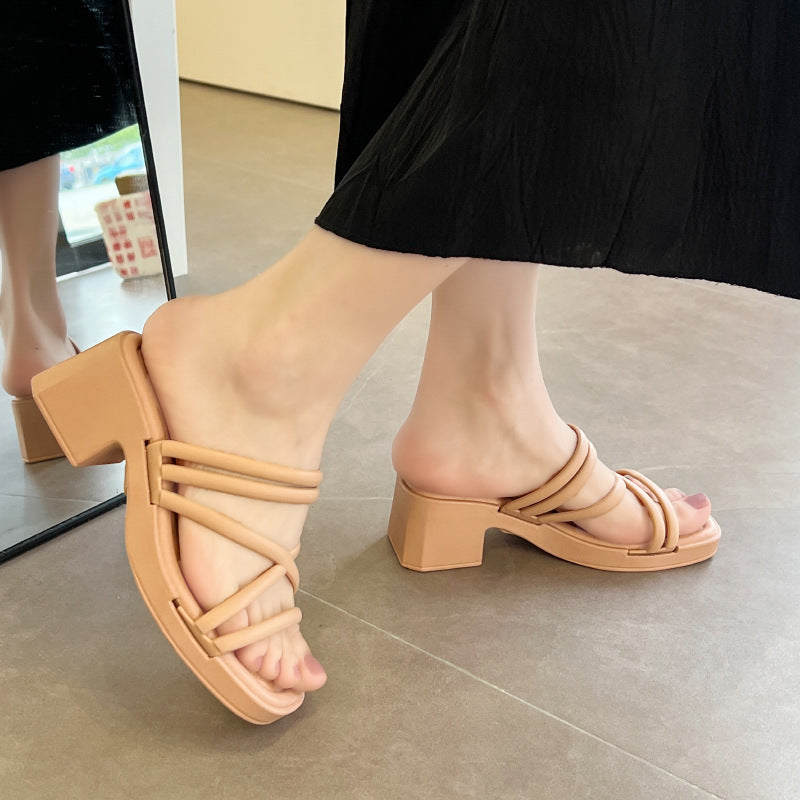 High Heeled Sandals Women's Summer Fashion Thin Strap Sandals Foreign Trade Thick Slippers Women's Southeast Asian Beach Outer Wear Sandals