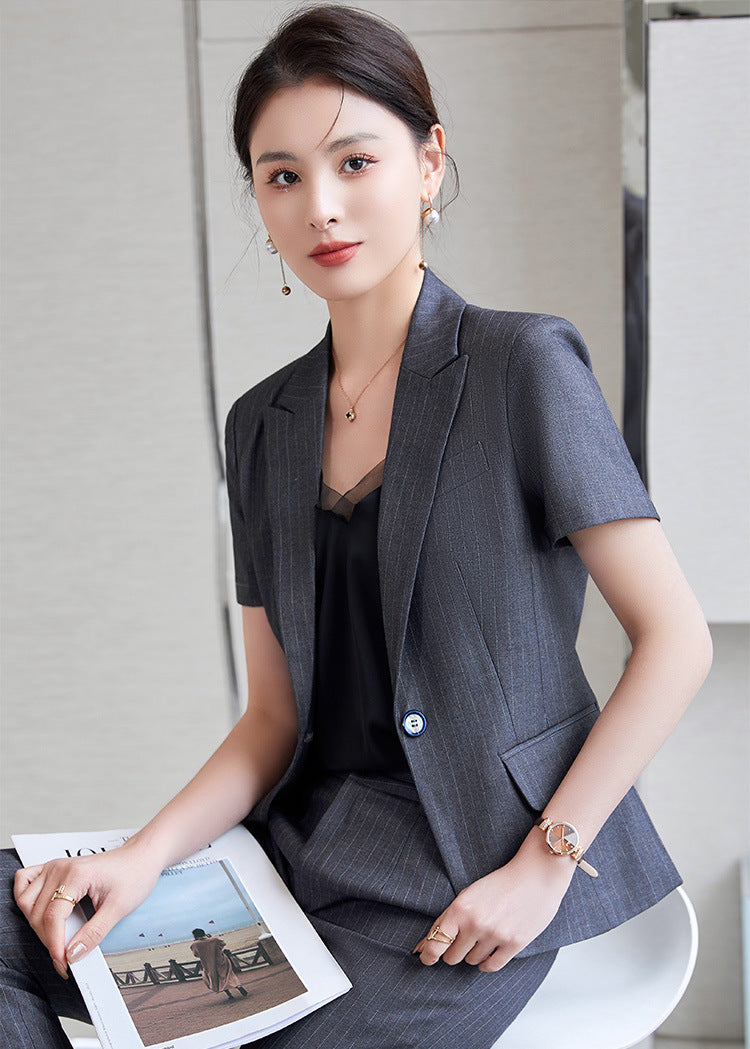 Hotel Front Desk Jewelry Store Work Clothes Classy New Stripesd Suit Suit Women's Summer Thin Short-Sleeved Business Wear