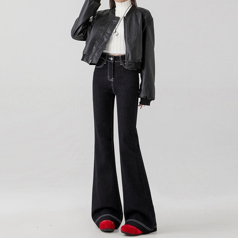 Pocket Embroidered Flared Jeans for Women, Autumn New Black Plus-Size High-Waisted Slimming Bell-Bottom Pants