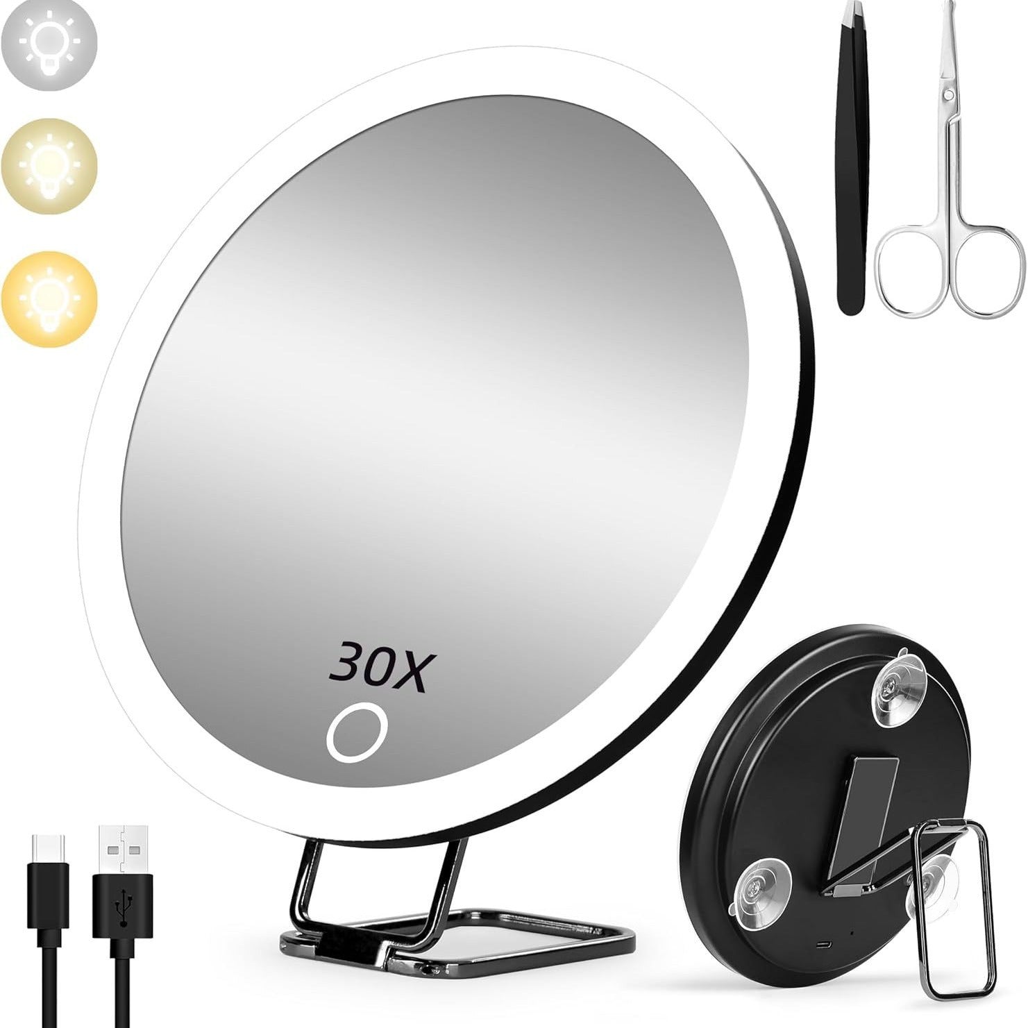 6 inch 10 times 20 times 30 times rechargeable led magnification suction cup makeup mirror 360 ° rotatable makeup mirror