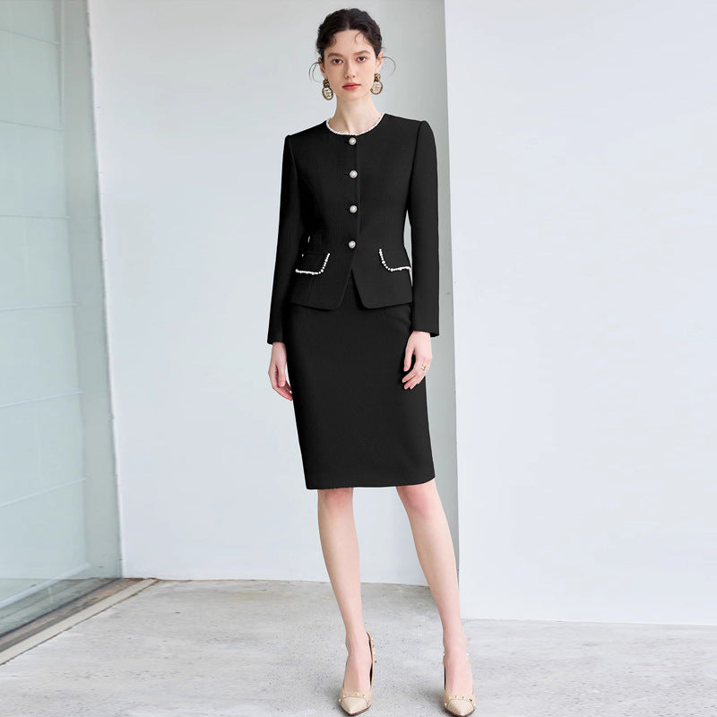 AD French Commuter Suit suit Women's High-end Pearl Crewneck Long-sleeved Jacket Black Business Dress Overskirt