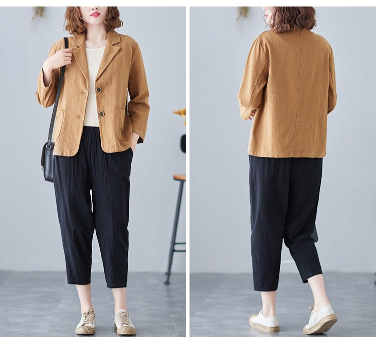 2025 Real Shot of New Cotton and Linen Retro Literary Loose Versatile Casual Long-Sleeved Button-Down Small Suit Short Jacket for Women