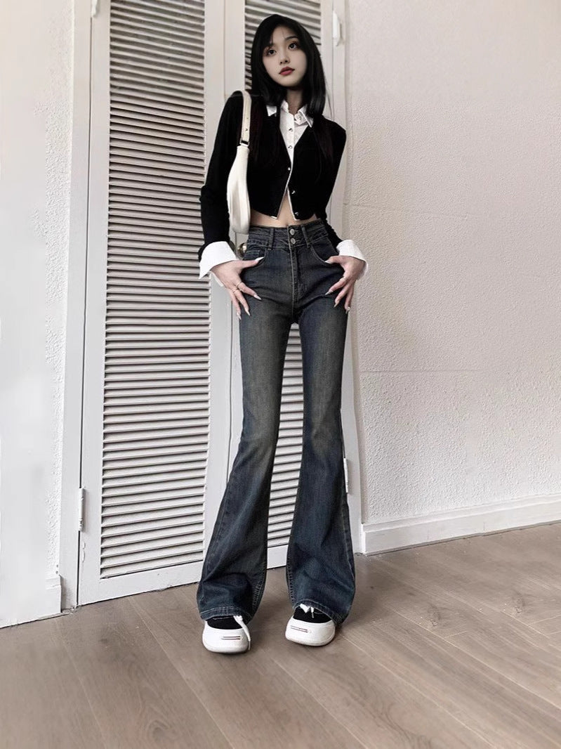 American Retro Denim Flared Pants for Women, Spring and Autumn New Gradient Floor-Length Petite High-Waisted Slimming Bootcut Pants