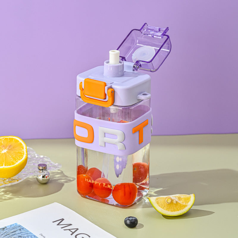 Carefully Selected Popular Square Water Cup, Student Straw Cup with Free Strap, First Grade Student Kettle, Bouncing Cup Lid, Straw Cup