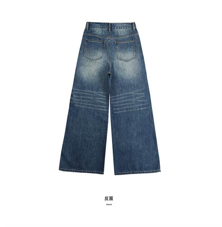 Raccoon House # High-Waisted Loose Whiskered Floral Heavy Craft Jeans for Women 2025 Autumn New Drape Slimming Floor-Length Pants