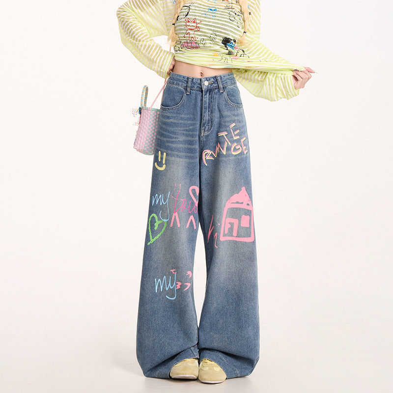 American Graffiti Print Jeans for Women, Trendy Retro Washed Straight Pants, Loose Casual Drape Versatile Casual Pants