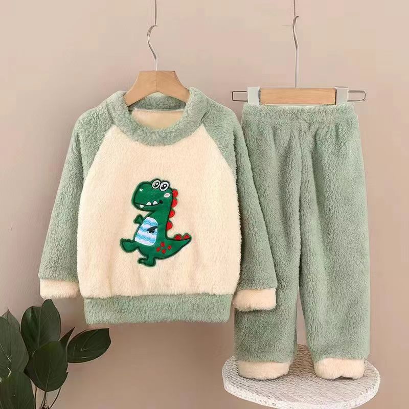New Kidsren's Flannel Pajamas Set Autumn and Winter Boys and Girls Coral Velvet Thickeneded Home Clothes Two-piece Set