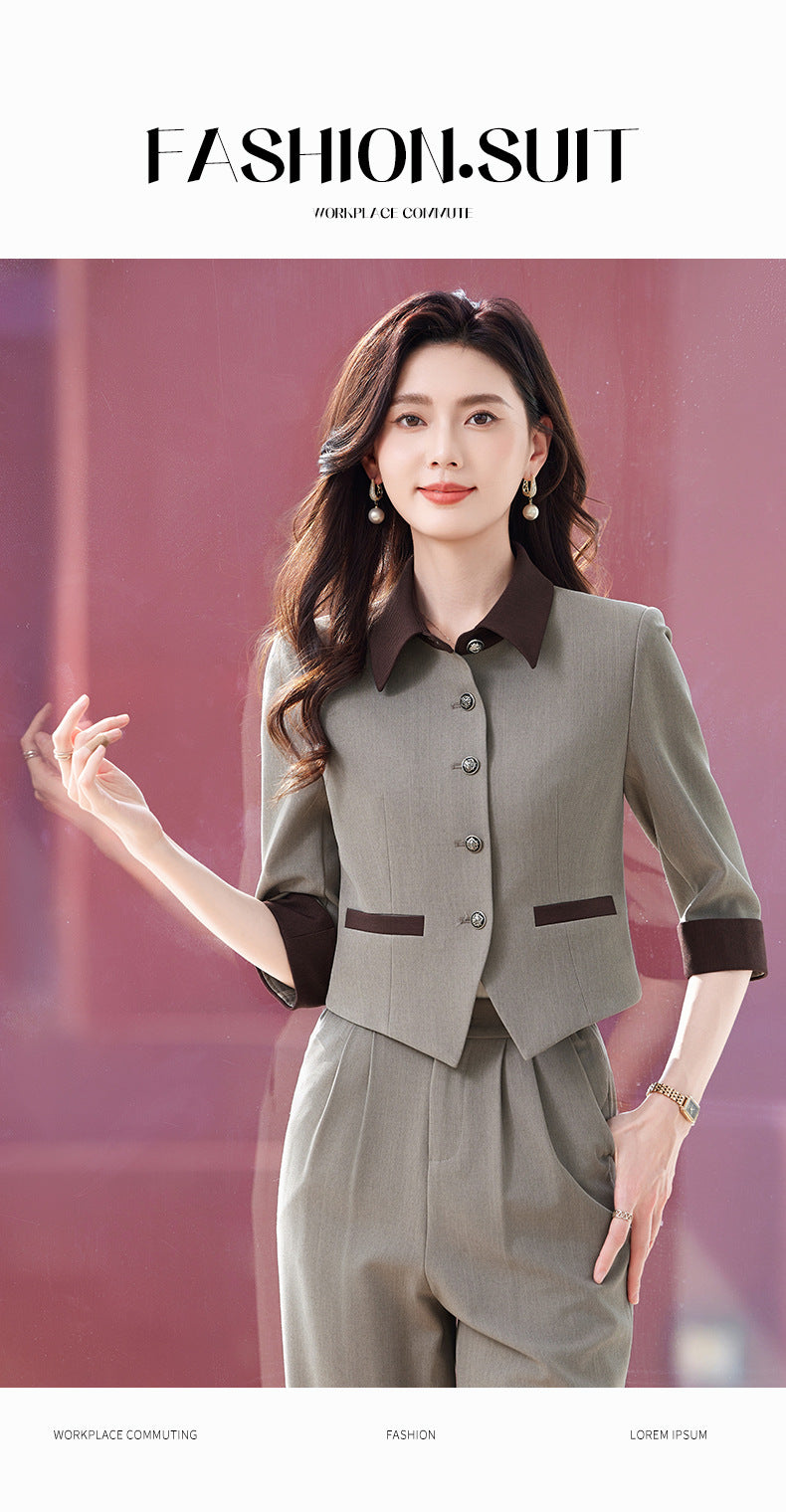 Tweed Style Splicing Jacket with Metal Buckle for Women Spring and Summer New High-End Fashion Doll Collar Elegant Three-Quarter Sleeve Suit