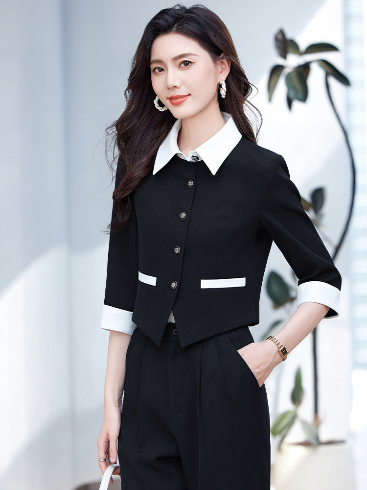 Tweed Style Splicing Jacket with Metal Buckle for Women Spring and Summer New High-End Fashion Doll Collar Elegant Three-Quarter Sleeve Suit