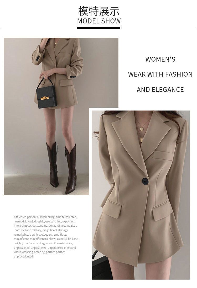 khaki Suit Jacket Women's Spring and Autumn Korean-style Ins Hong Kong-style Retro Top Tight Waist Slimming Mid-length Small Suit