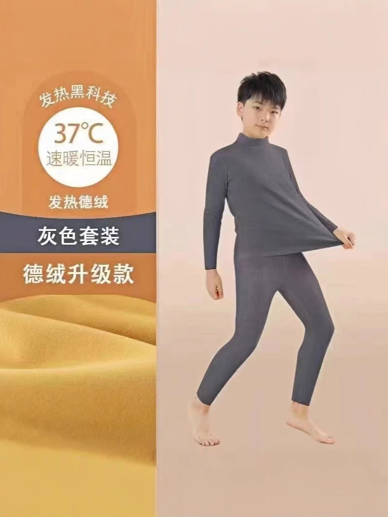 Mid-high collar children's velvet thermal suit for boys ground plush cold-proof one-piece velvet large children's thick thermal underwear
