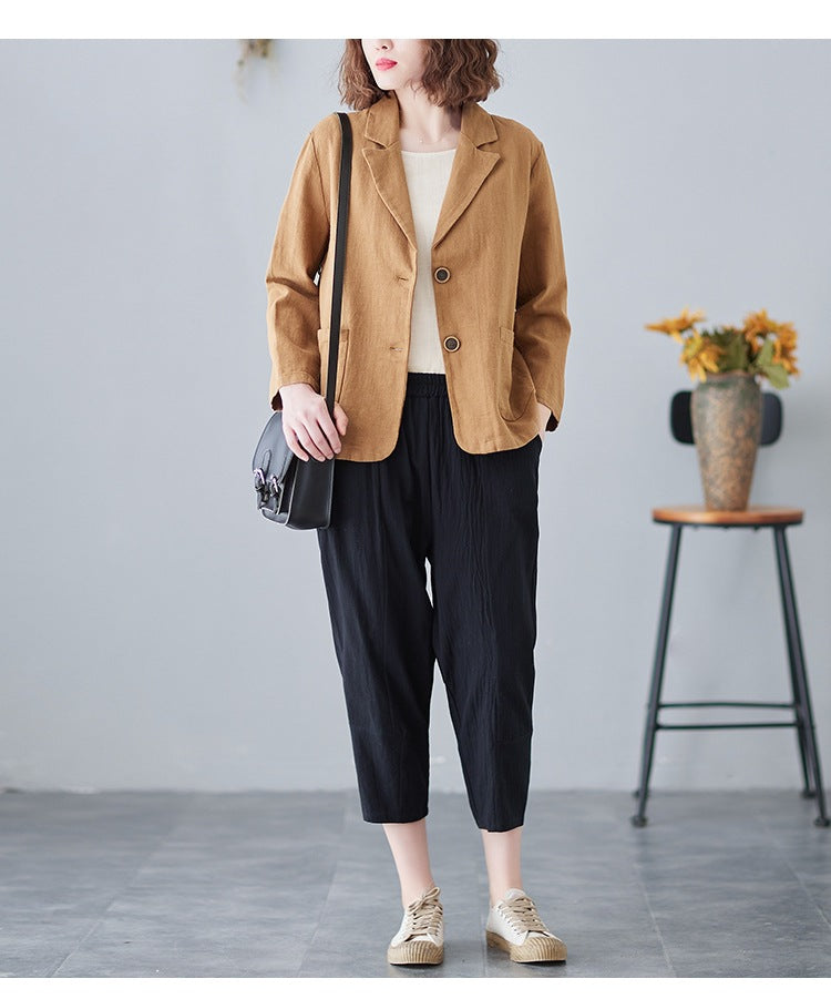 2025 Real Shot of New Cotton and Linen Retro Literary Loose Versatile Casual Long-Sleeved Button-Down Small Suit Short Jacket for Women