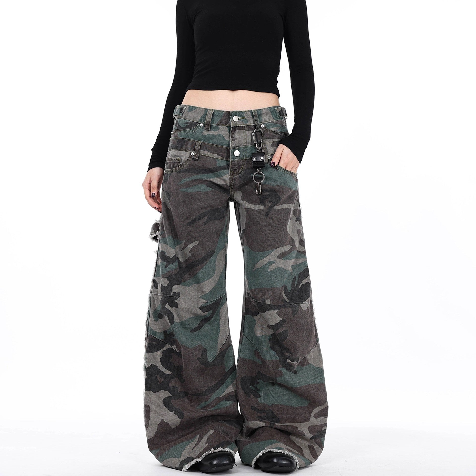 American Retro Design Double Waistband Camouflage Cargo Pants for Men and Women New Deconstructed Loose Wide-Leg Scimitar Jeans