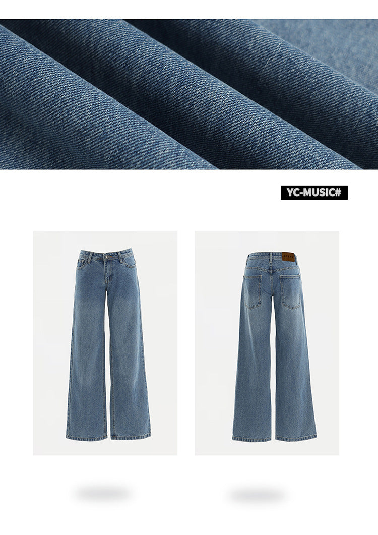 Retro Washed Wide-Leg Jeans for Women, Autumn New Low-Waist Straight Loose Design, Slimming Floor-Length Pants